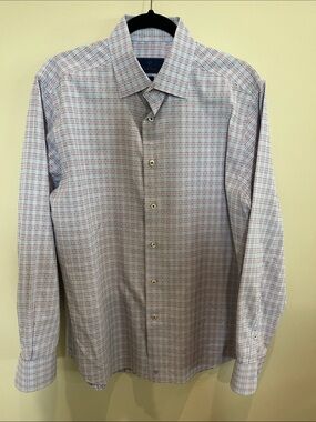 David Donahue Blue and Pink Windowpane Dress Shirt